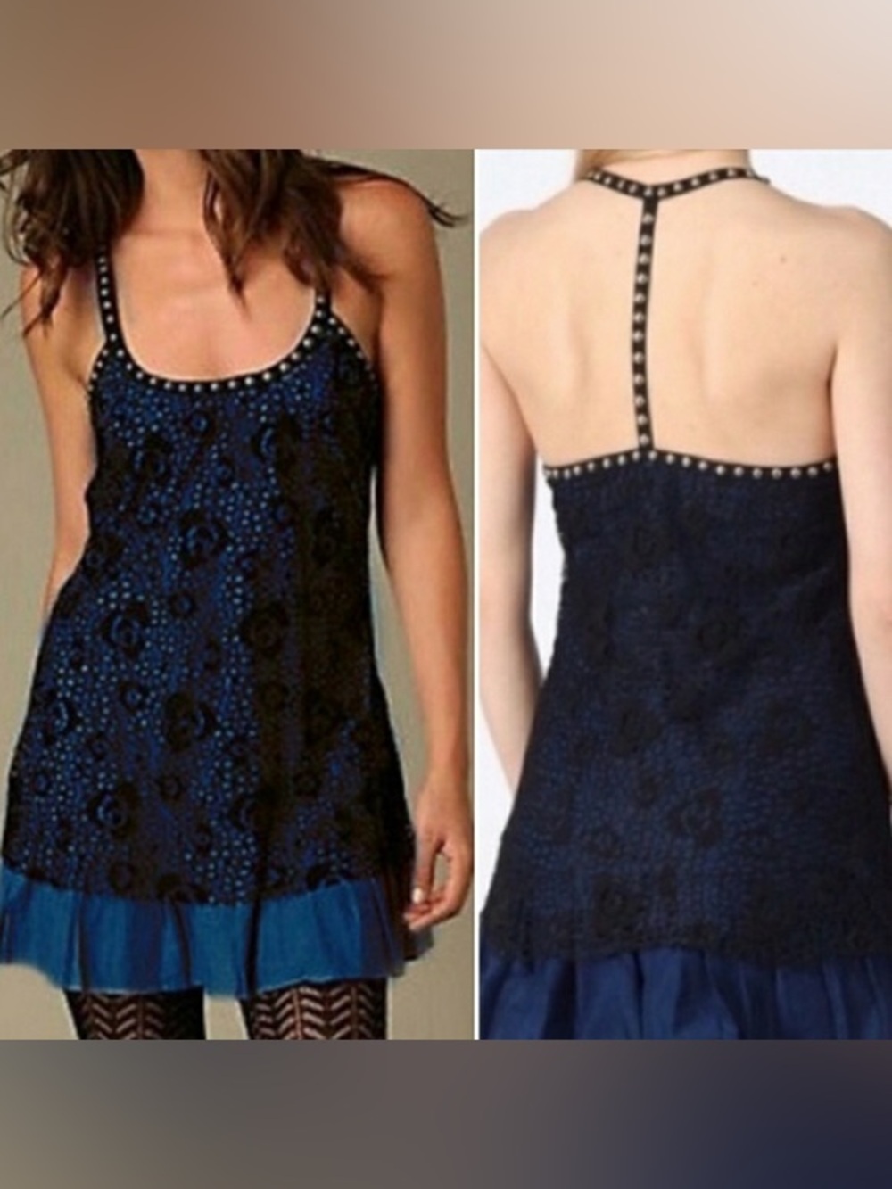 Free People Embellished Studded Halter Mini Dress Blue Black Size 2 Boho Party